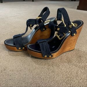 Tory Burch Dark Blue T Strap denim wooden wedges
